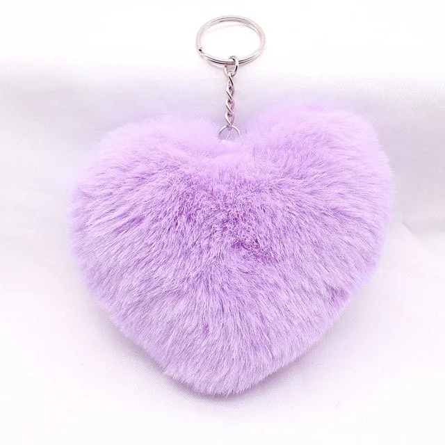 10Cm Fluffy Fur Pompom Keychain Soft Lovely Heart Shape Pompon Faux Bunny Rabbit Fur Pom Poms