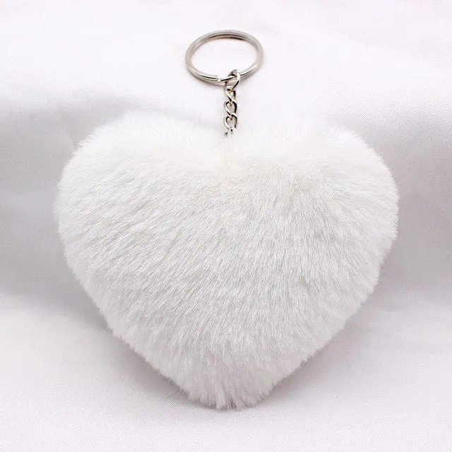 10Cm Fluffy Fur Pompom Keychain Soft Lovely Heart Shape Pompon Faux Bunny Rabbit Fur Pom Poms