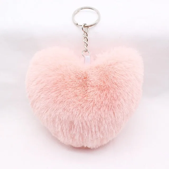 10Cm Fluffy Fur Pompom Keychain Soft Lovely Heart Shape Pompon Faux Bunny Rabbit Fur Pom Poms