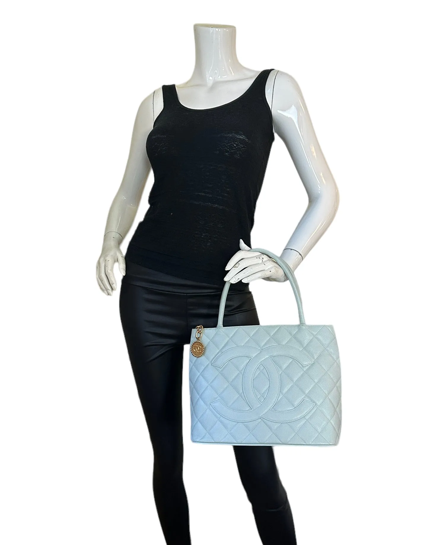 Chanel Light Blue Caviar Leather CC Medallion Tote Bag