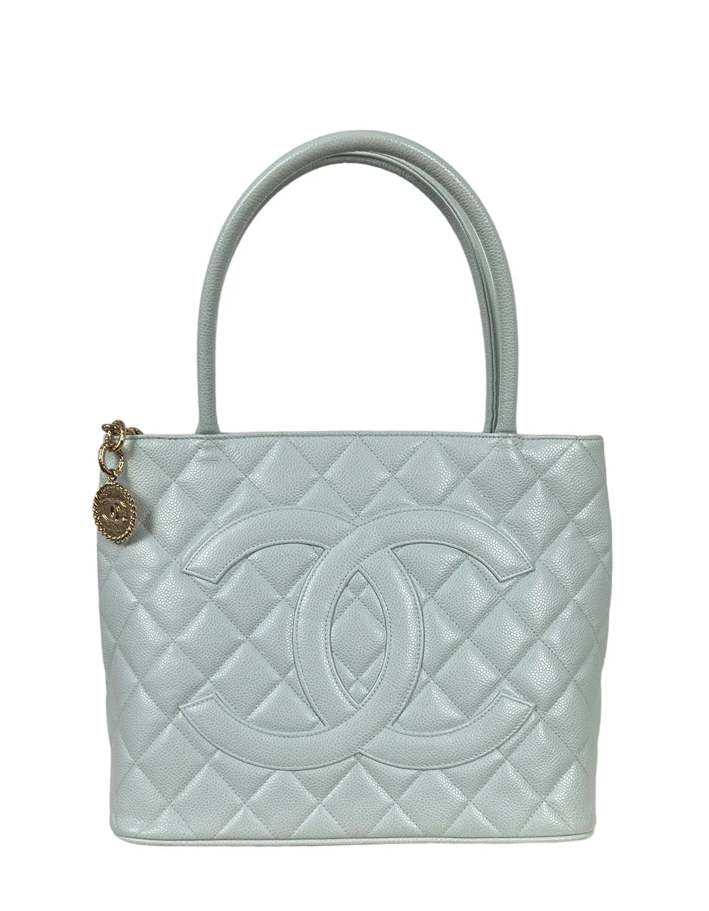 Chanel Light Blue Caviar Leather CC Medallion Tote Bag