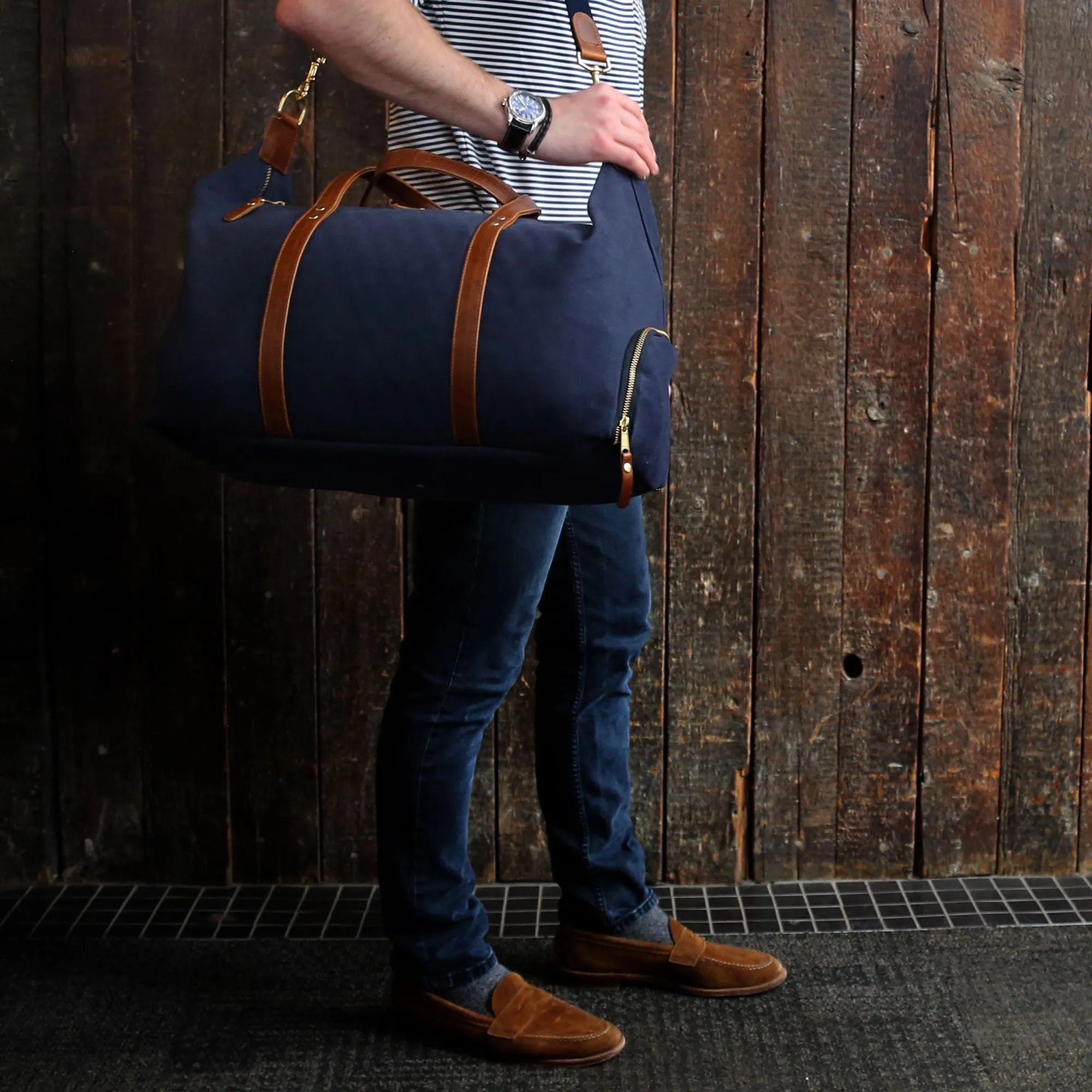 Hudson Sutler Large Canvas and Leather Duffel Bag- Midnight Navy/Whiskey Brown