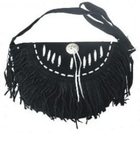 Ladies Western Style Black Suede Leather Handbag with Fringes and Bone