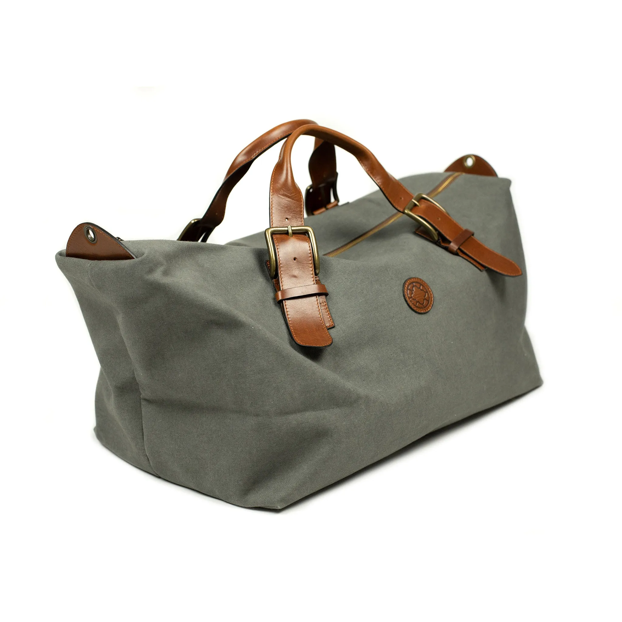 Mick weekender bag in olive green canvas and brown vegetable-tanned leather