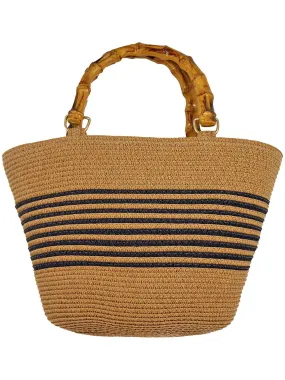 Striped Straw Basket Bag with Bamboo Handle