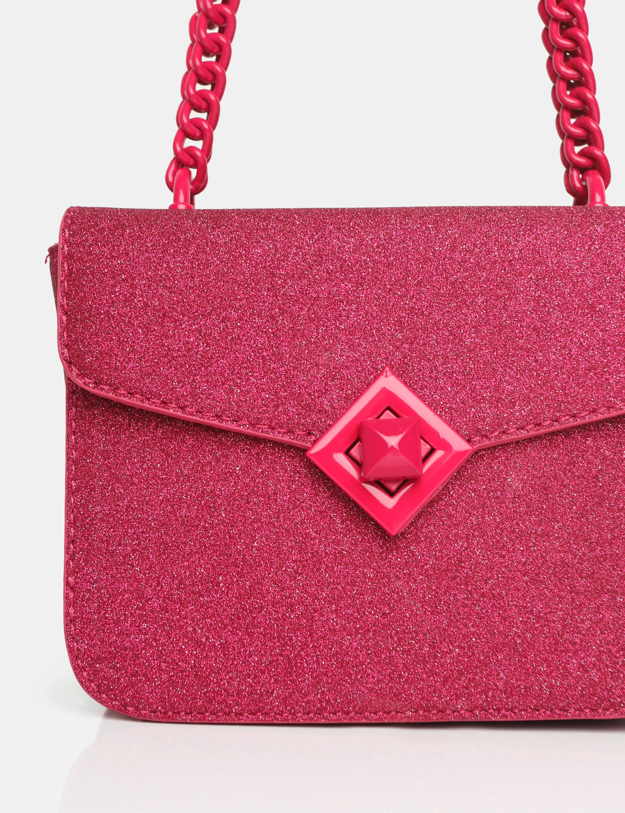 The Pixie Hot Pink Glitter Bag Chain Detail Shoulder Bag