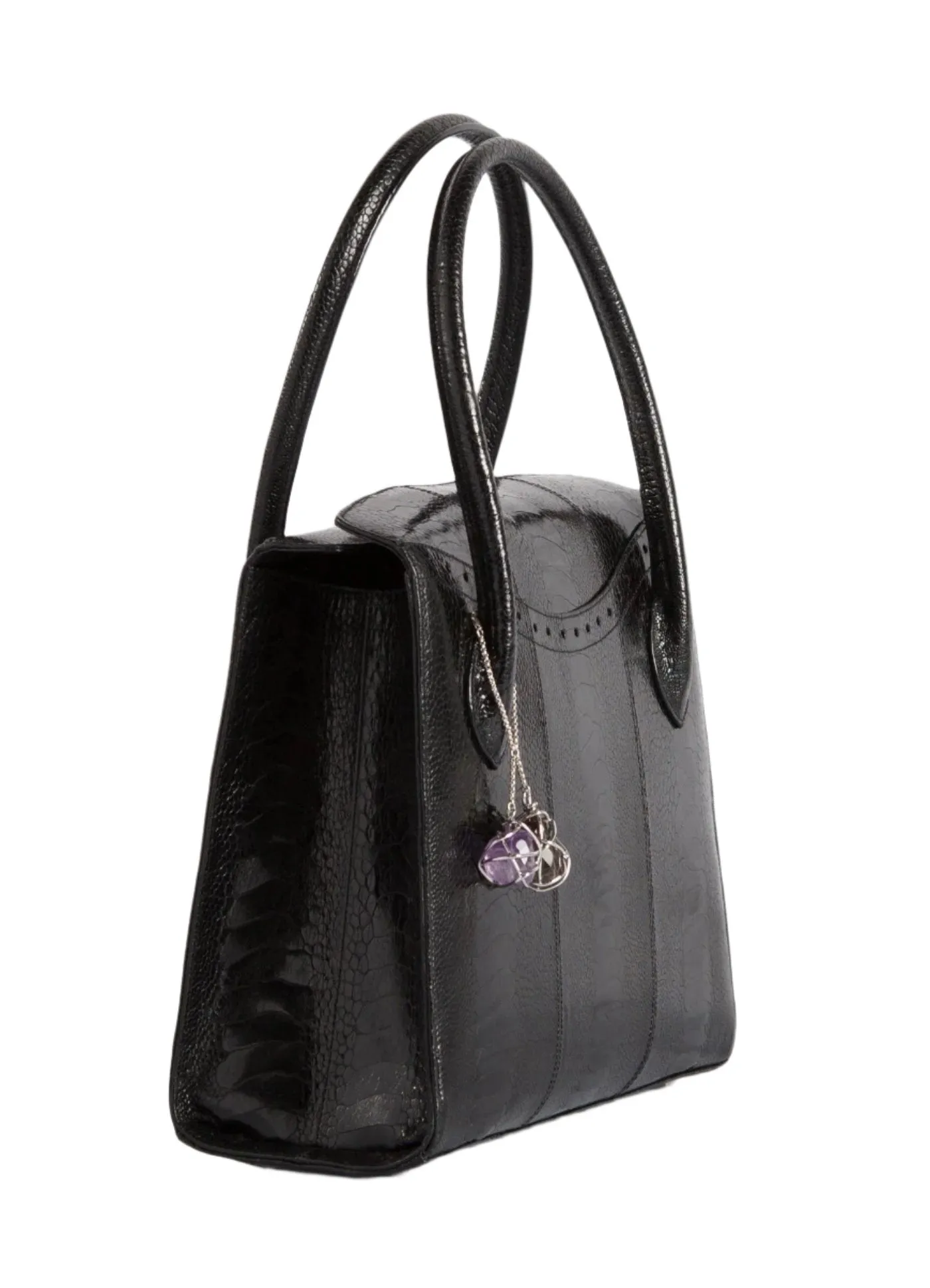 Thompson Tote - Black Ostrich Leg, Gemstone Fob, Silver