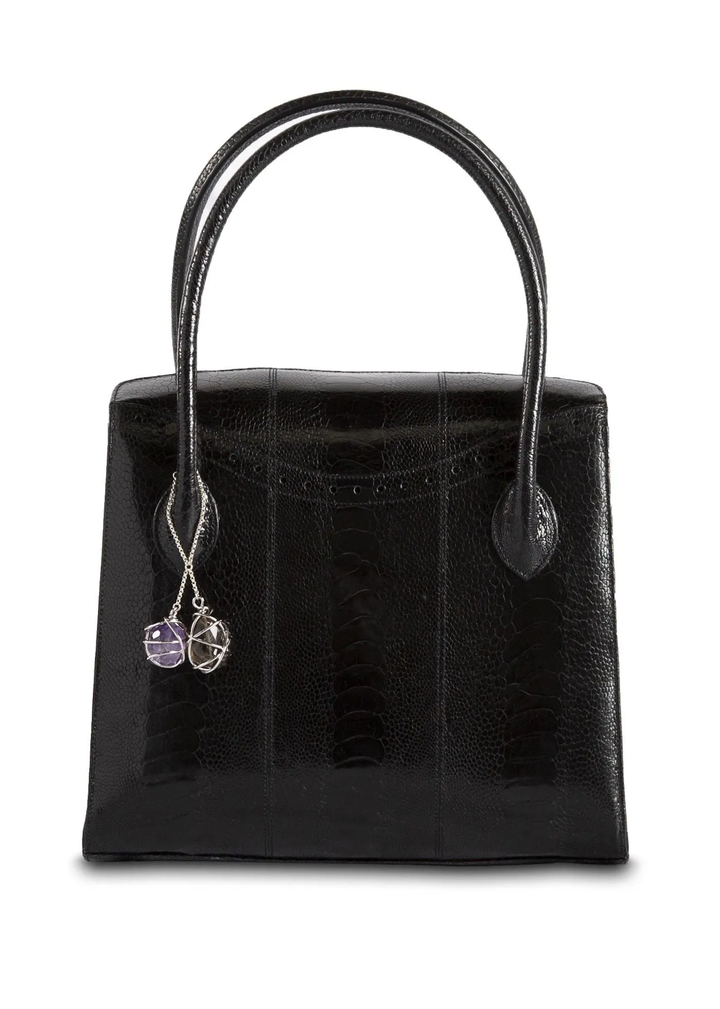 Thompson Tote - Black Ostrich Leg, Gemstone Fob, Silver